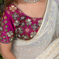 Off White Georgette Saree Golden Butti Designer Magenta Floral Embroidered Blouse
