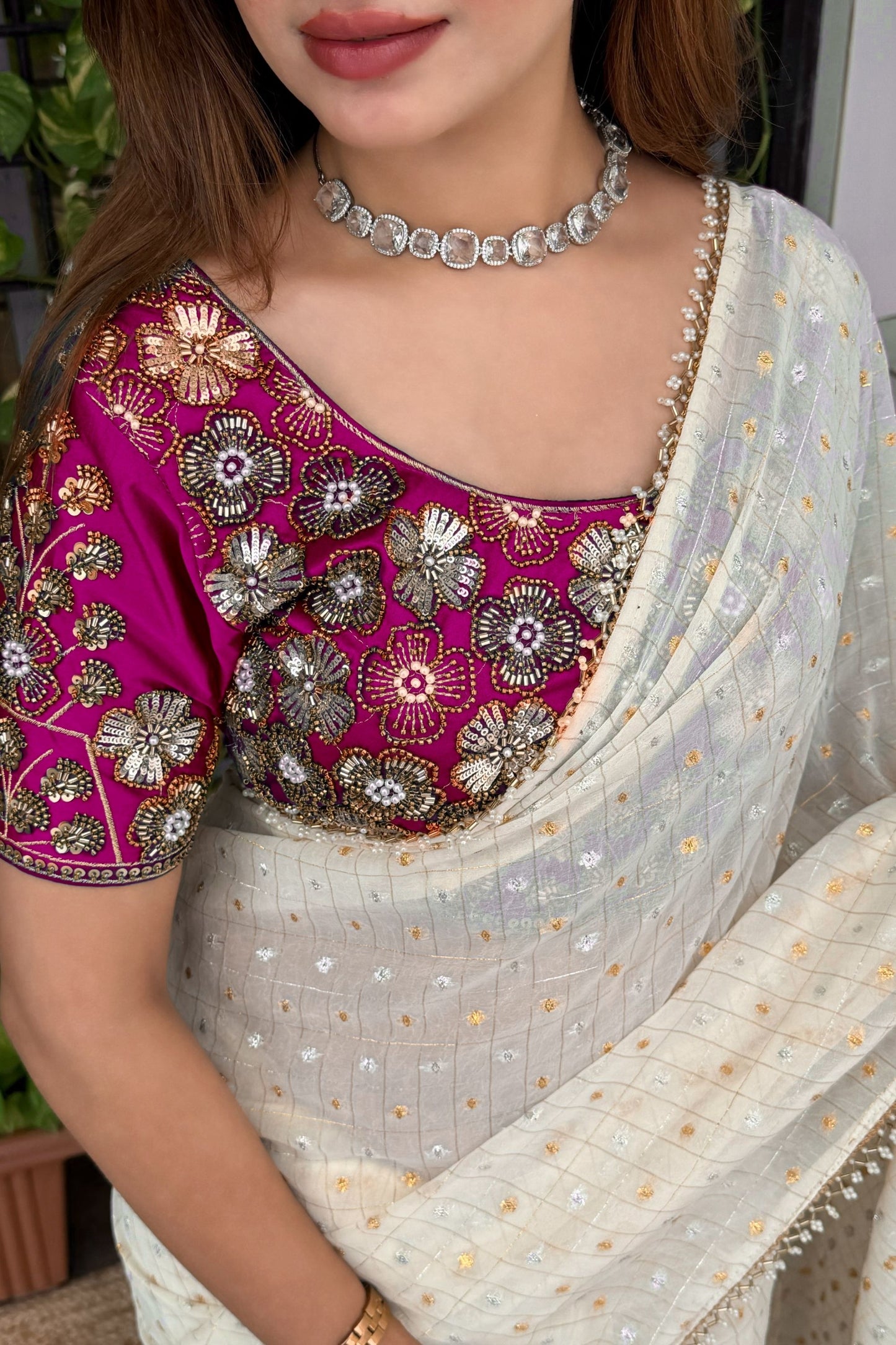 Off White Georgette Saree Golden Butti Designer Magenta Floral Embroidered Blouse