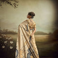 Beige Linen Silk Saree with Abstract Digital Print Designer Tassel Pallu