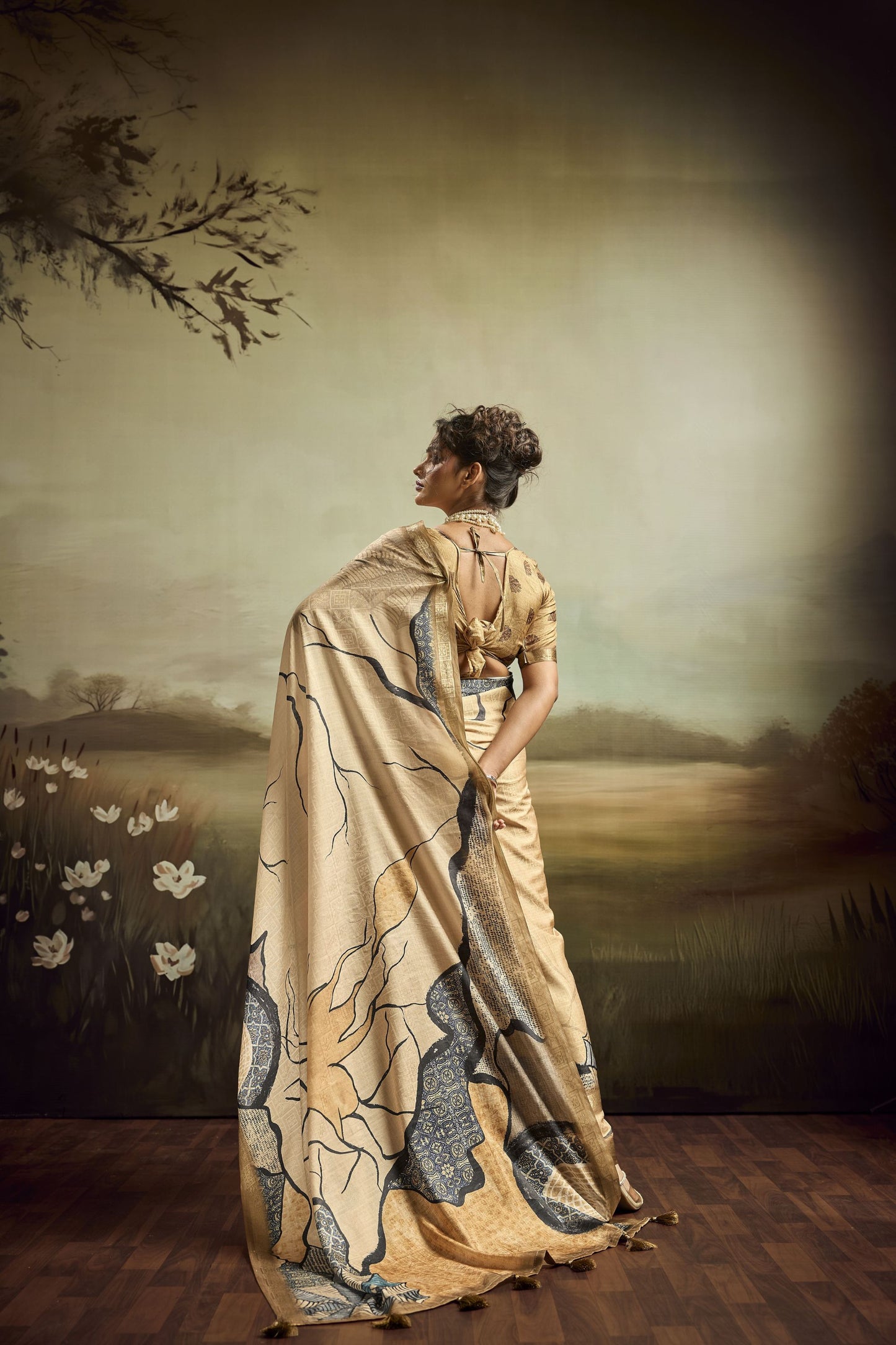 Beige Linen Silk Saree with Abstract Digital Print Designer Tassel Pallu