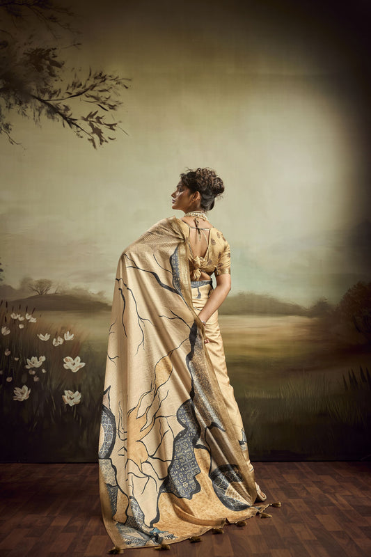 Beige Linen Silk Saree with Abstract Digital Print Designer Tassel Pallu