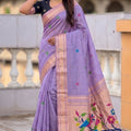 Lavender Purple Tussar Silk Saree Multicolor Bird Floral Motif Pallu
