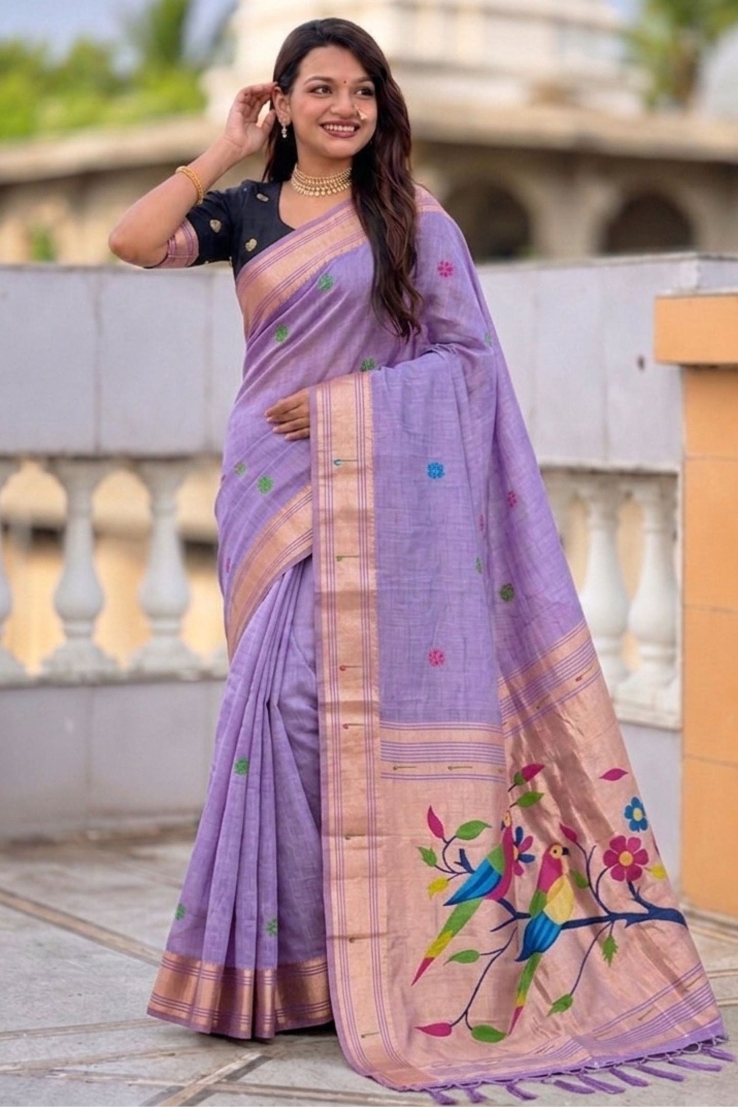 Lavender Purple Tussar Silk Saree Multicolor Bird Floral Motif Pallu