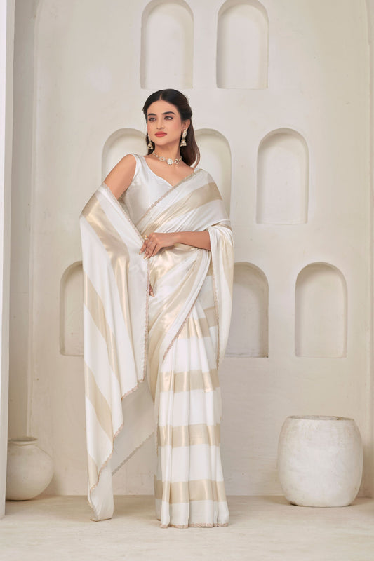 White Satin Silk Saree with Gold Zari Designer Saree