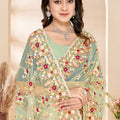 Pista Green Net Floral Embroidered Saree Heavy Scalloped Border Blouse