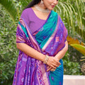 Teal Blue Purple Silk Blend Saree with Traditional Woven Border