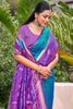 Teal Blue Purple Silk Blend Saree with Traditional Woven Border