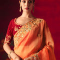 Orange Floral Embroidered Silk Saree with Contrast Maroon Blouse