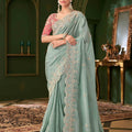  Mint Green Saree Pink Blouse Festive Wear