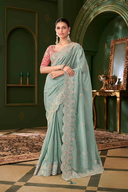  Mint Green Saree Pink Blouse Festive Wear