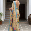 Beige Printed Linen Silk Saree with Multicolor Leaf Design