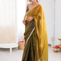 Olive Green Organza Silk Saree Designer Silver Lace Border Matching Blouse