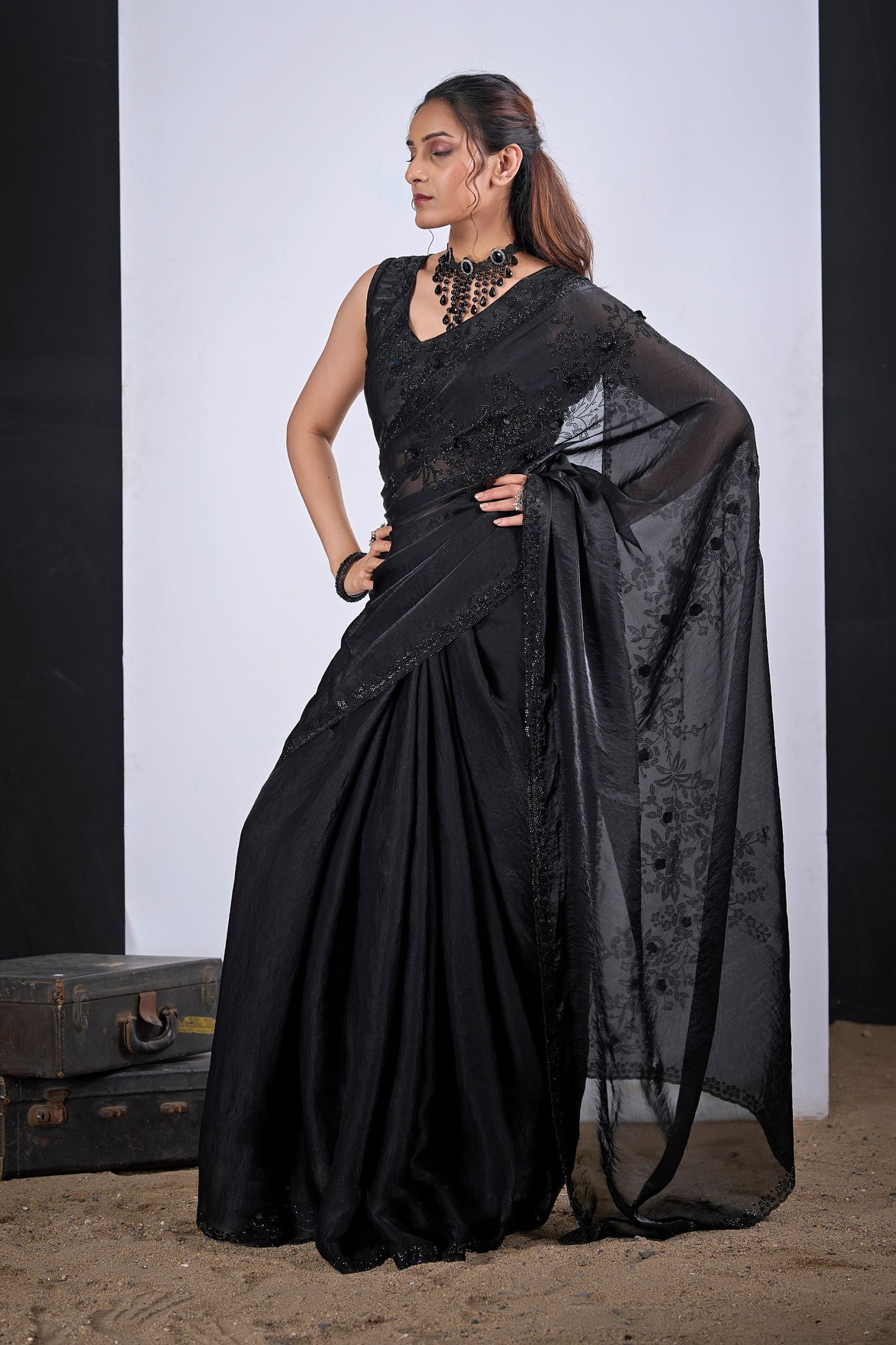 Black Organza Saree with Floral Embroidery Designer Saree