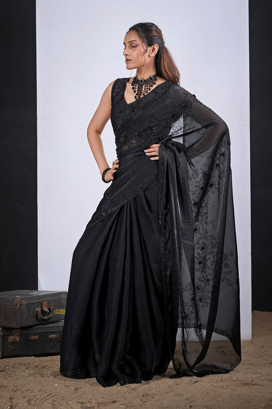 Black Organza Saree with Floral Embroidery Designer Saree