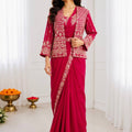 Rani Pink Designer Saree Heavy Embroidered Jacket Golden Border