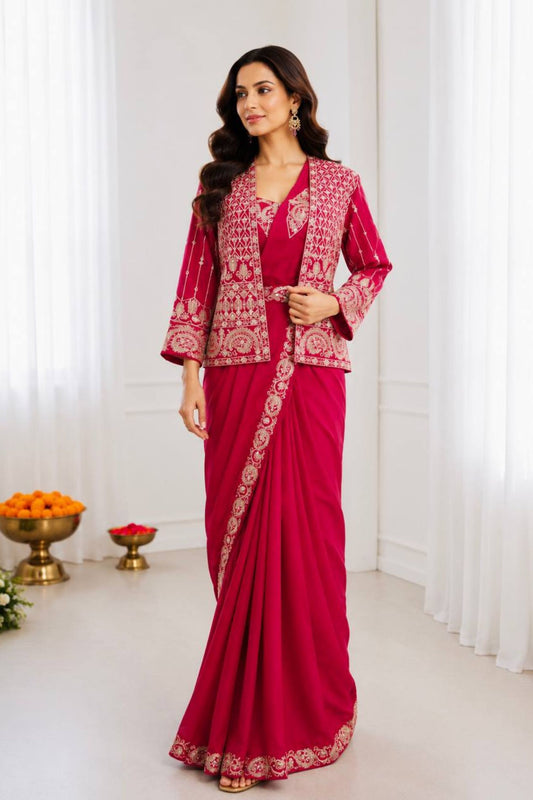 Rani Pink Designer Saree Heavy Embroidered Jacket Golden Border