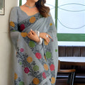 Grey Linen Cotton Printed Saree with Floral Border and Blouse