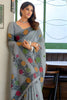 Grey Linen Cotton Printed Saree with Floral Border and Blouse