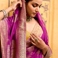 Premium Magenta Banarasi Silk Saree with Golden Zari Contrast Yellow Blouse