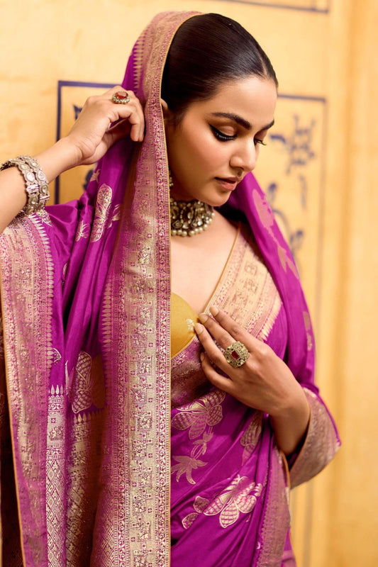 Premium Magenta Banarasi Silk Saree with Golden Zari Contrast Yellow Blouse