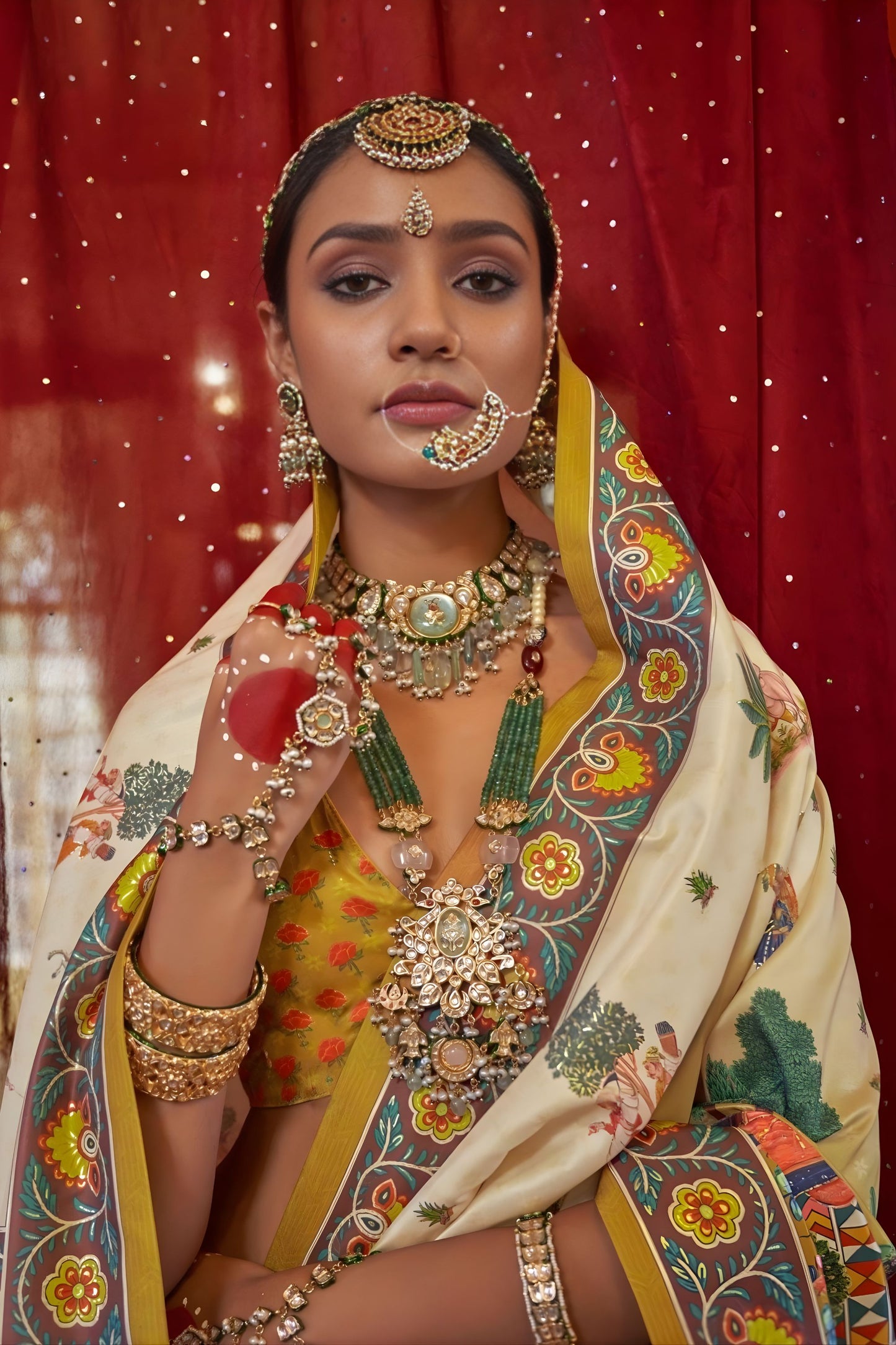 Cream Designer Silk Saree Royal Rajasthani Print Floral Border