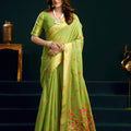  Light Green Soft Silk Saree with Floral Embroidery Gold Zari Border 
