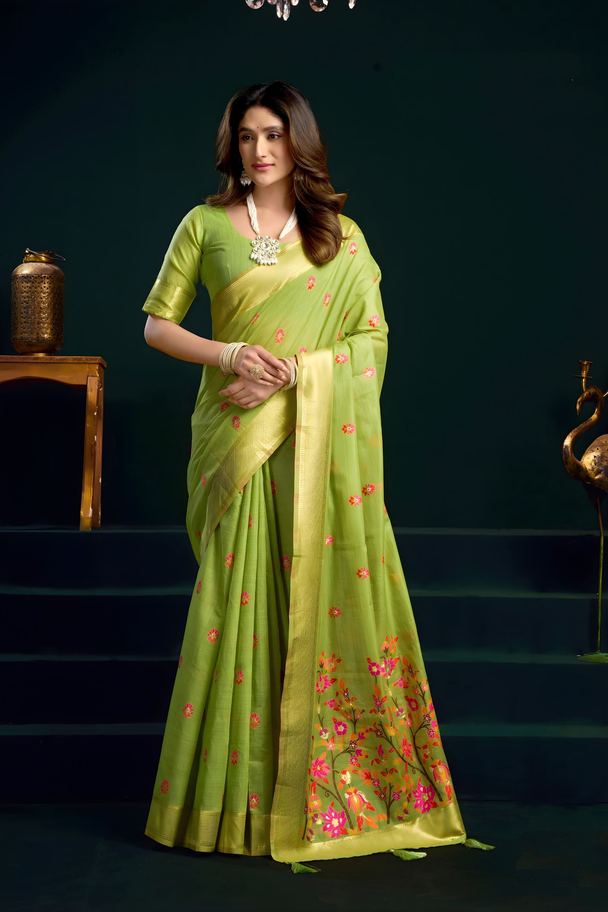  Light Green Soft Silk Saree with Floral Embroidery Gold Zari Border 