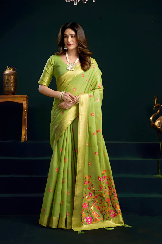  Light Green Soft Silk Saree with Floral Embroidery Gold Zari Border 