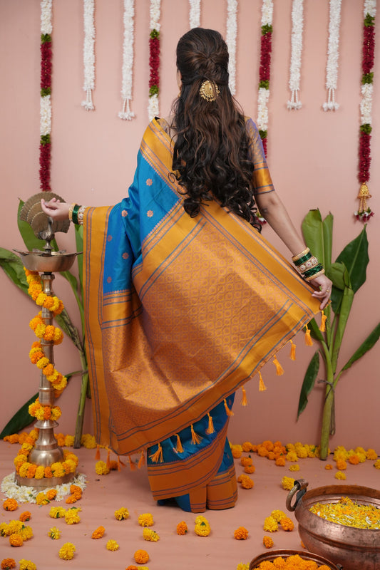 Royal Blue Silk Saree Mustard Gold Woven Border Traditional Design