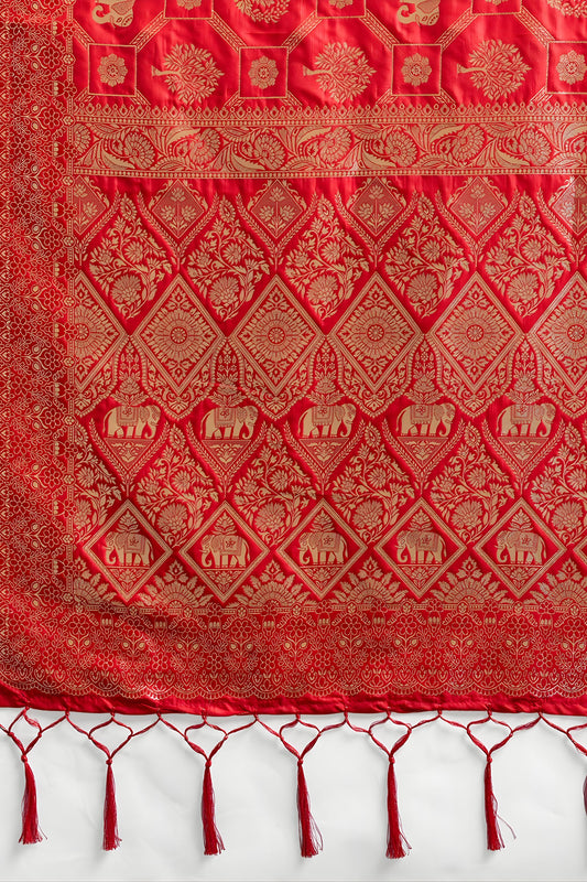 Red Banarasi Silk Saree with Heavy Gold Zari Work Designer Saree