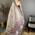 Grey Linen Cotton Saree Floral Hand Block Print Traditional Border