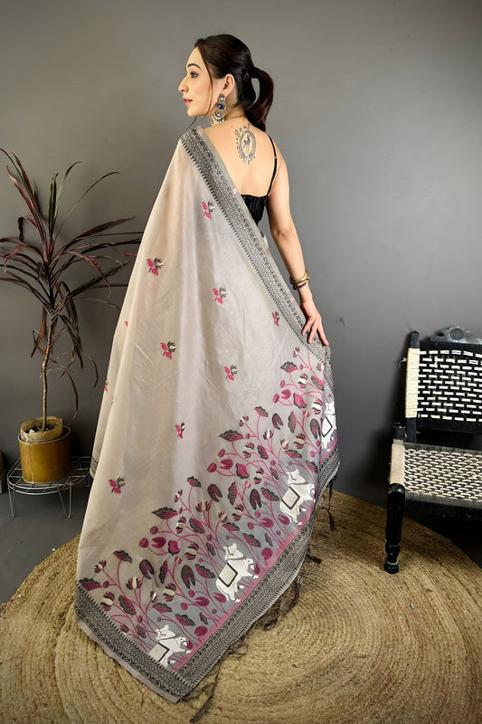 Grey Linen Cotton Saree Floral Hand Block Print Traditional Border