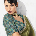 Olive Green Silk Saree with Golden Designer Green Blouse  Party Wear