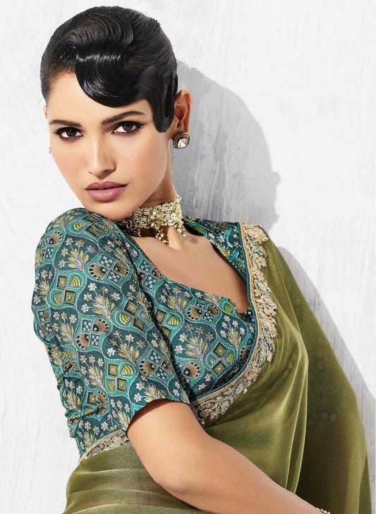 Olive Green Silk Saree with Golden Designer Green Blouse  Party Wear