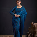 Teal Blue Embroidered Silk Saree with Designer Blouse