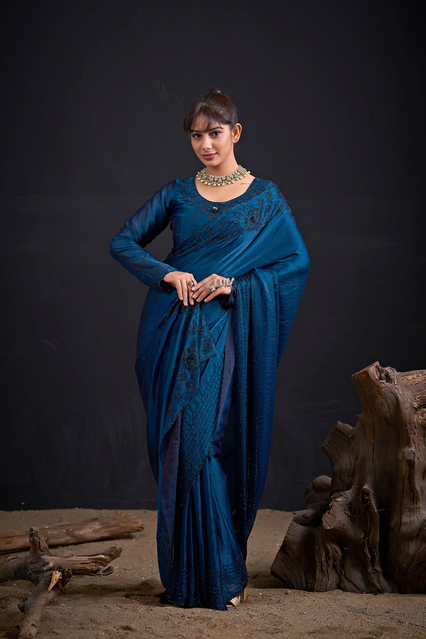 Teal Blue Embroidered Silk Saree with Designer Blouse
