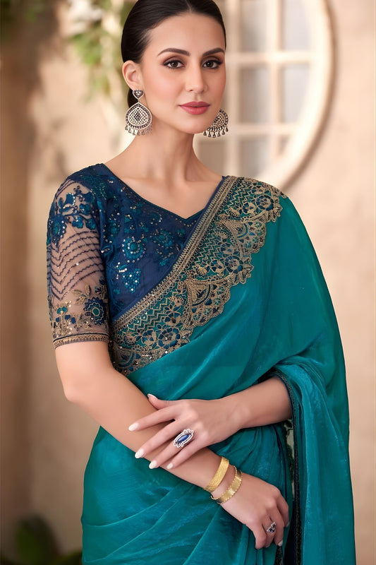 Teal Green Designer Saree Embroidered Lace Border Sequined Blouse