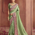 Pista Green Silk Saree with Pink Floral Embroidered Border Designer Blouse 