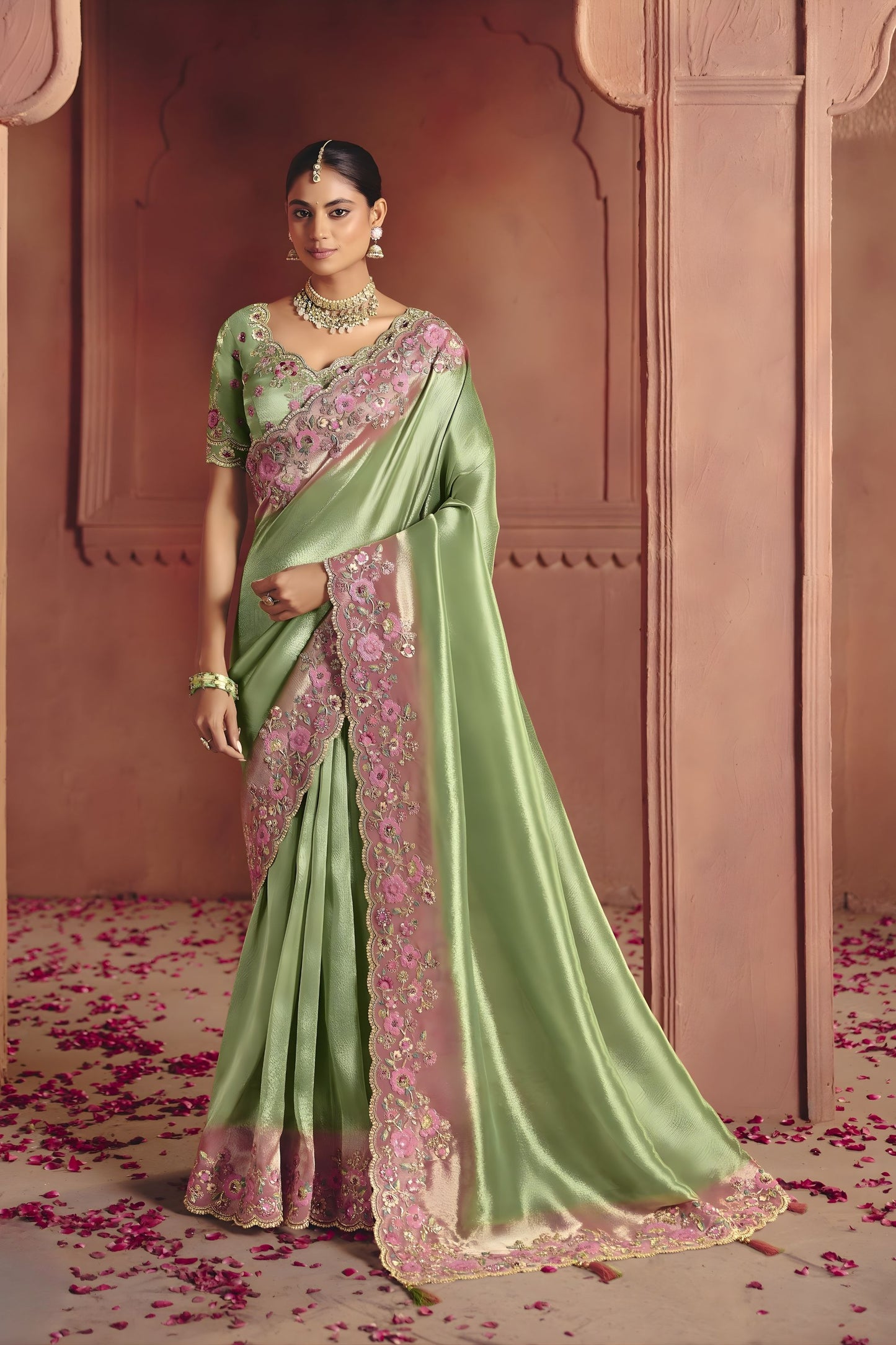 Pista Green Silk Saree with Pink Floral Embroidered Border Designer Blouse 