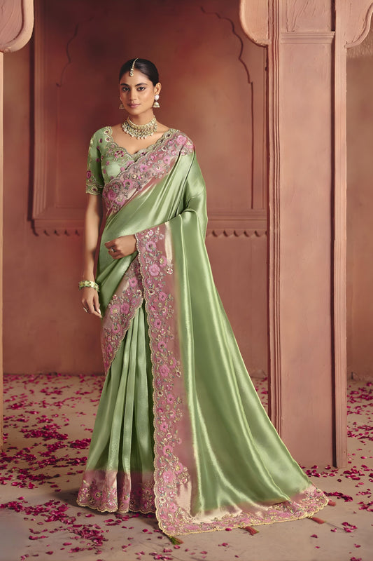 Pista Green Silk Saree with Pink Floral Embroidered Border Designer Blouse 