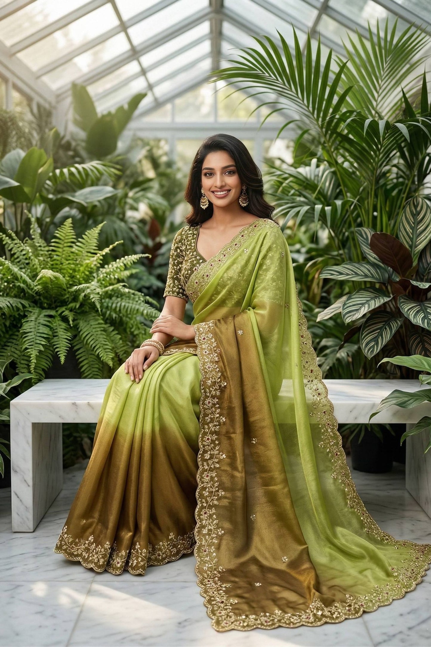 Olive Green Brown Ombre Silk Saree with Heavy Embroidered Border