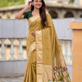 Mustard Yellow Linen Silk Saree Hand Painted Lotus Pallu Designer Blouse