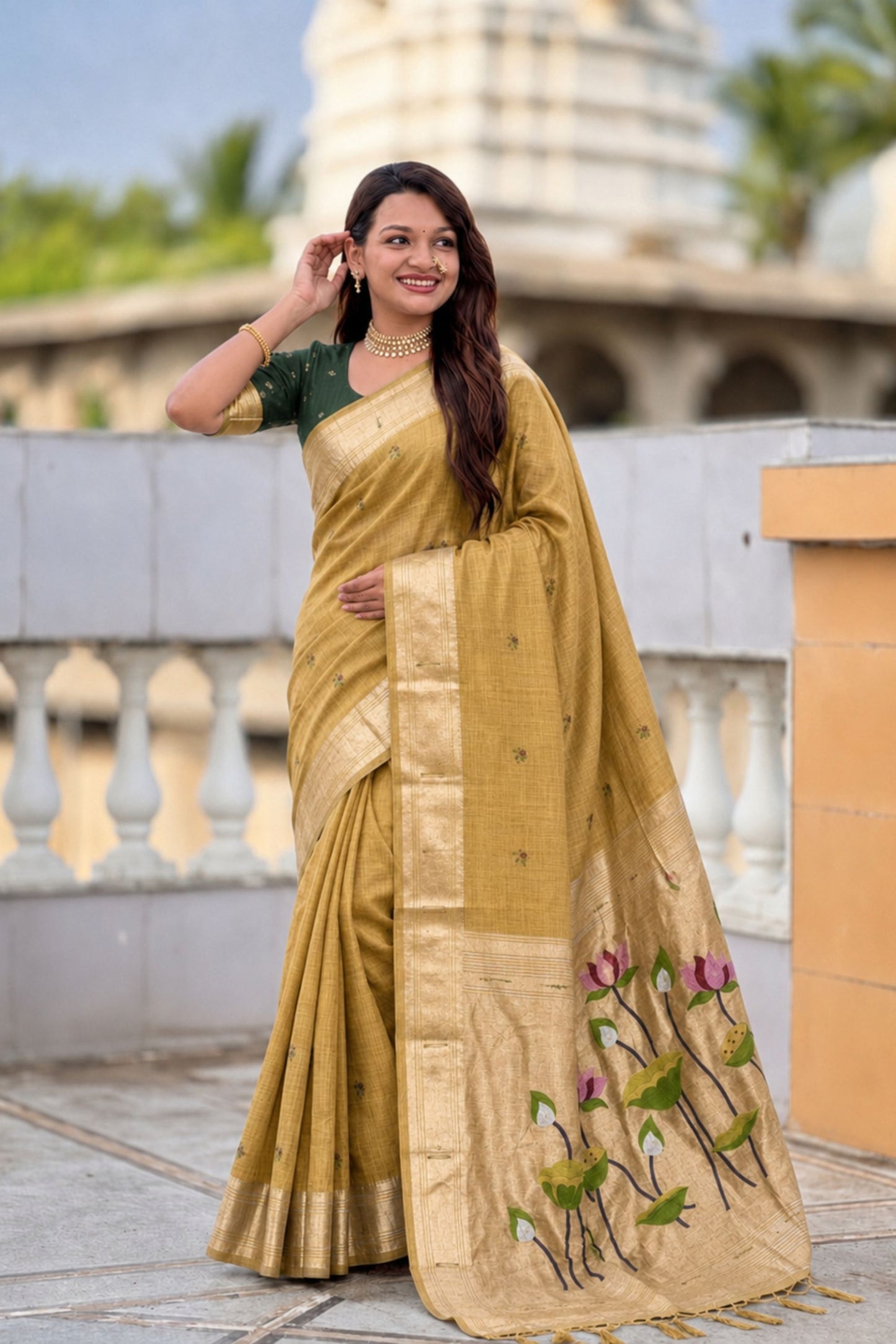 Mustard Yellow Linen Silk Saree Hand Painted Lotus Pallu Designer Blouse
