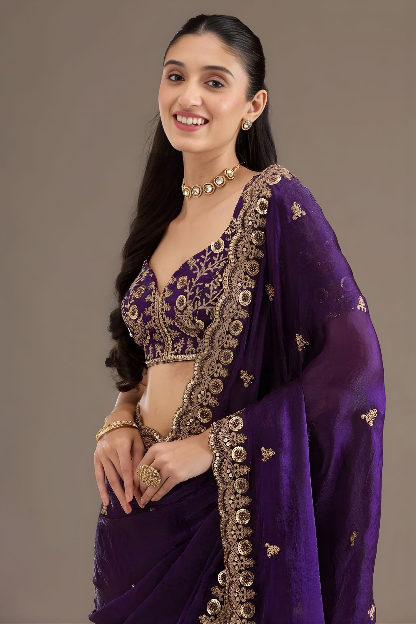 Royal Purple Silk Saree with Heavy Zari Embroidered Border Designer Blouse