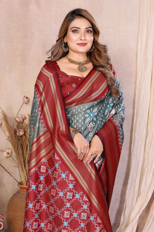 Grey And Maroon Ikat Silk Saree with Traditional Weaving Saree