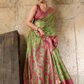 Green Banarasi Silk Saree Pink Zari Border Floral Weaving Saree