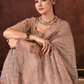 Designer Beige Embroidered Linen Saree Festive Wear
