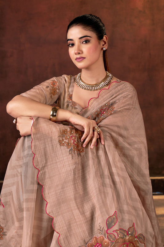 Designer Beige Embroidered Linen Saree Festive Wear