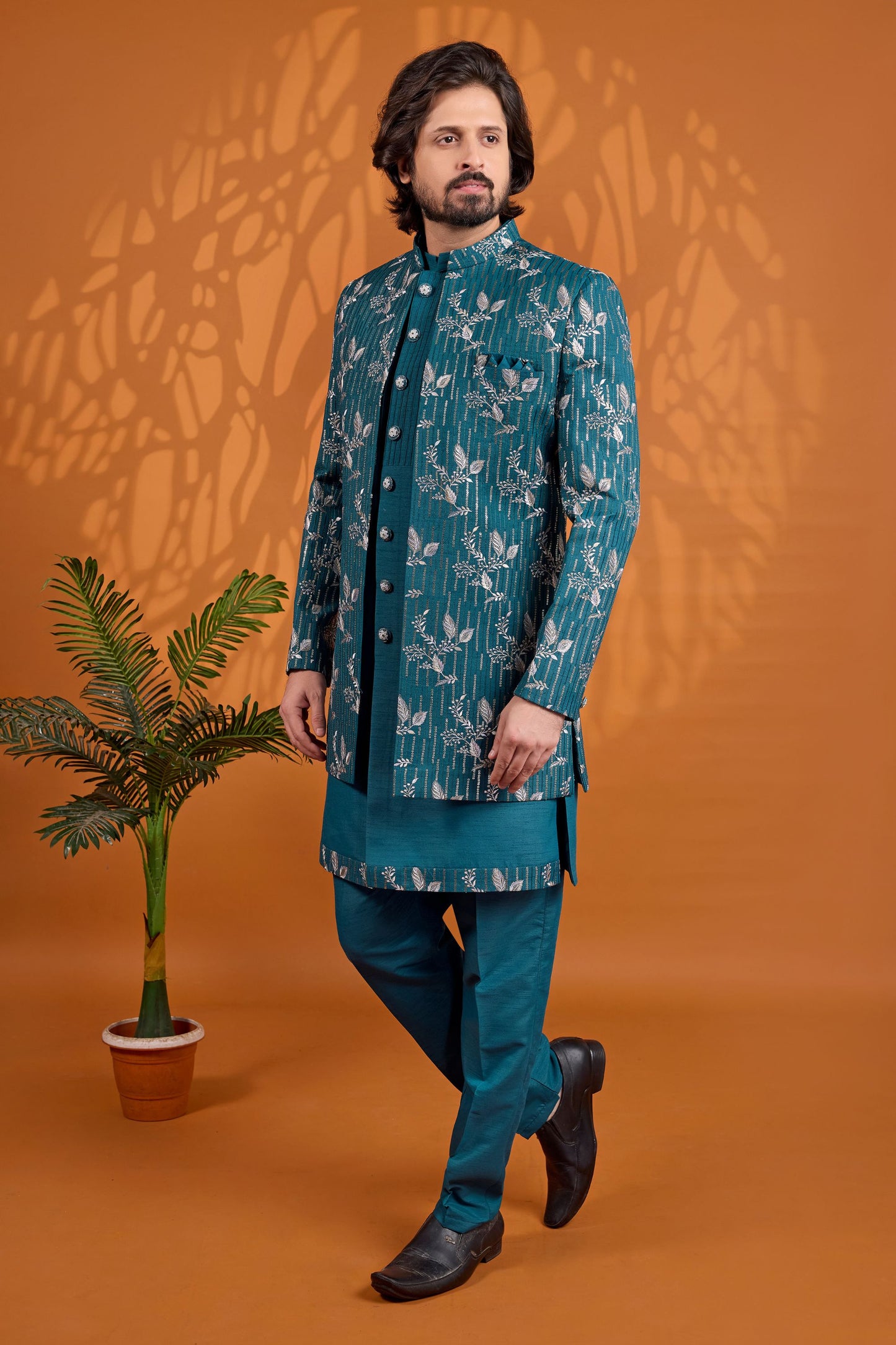 Admirable Teal Blue Indo Western Sherwani Heavy Embroidery With Designer Jacket