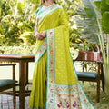 Lime Green Silk Saree with Teal Border Peacock Floral Weaving Work